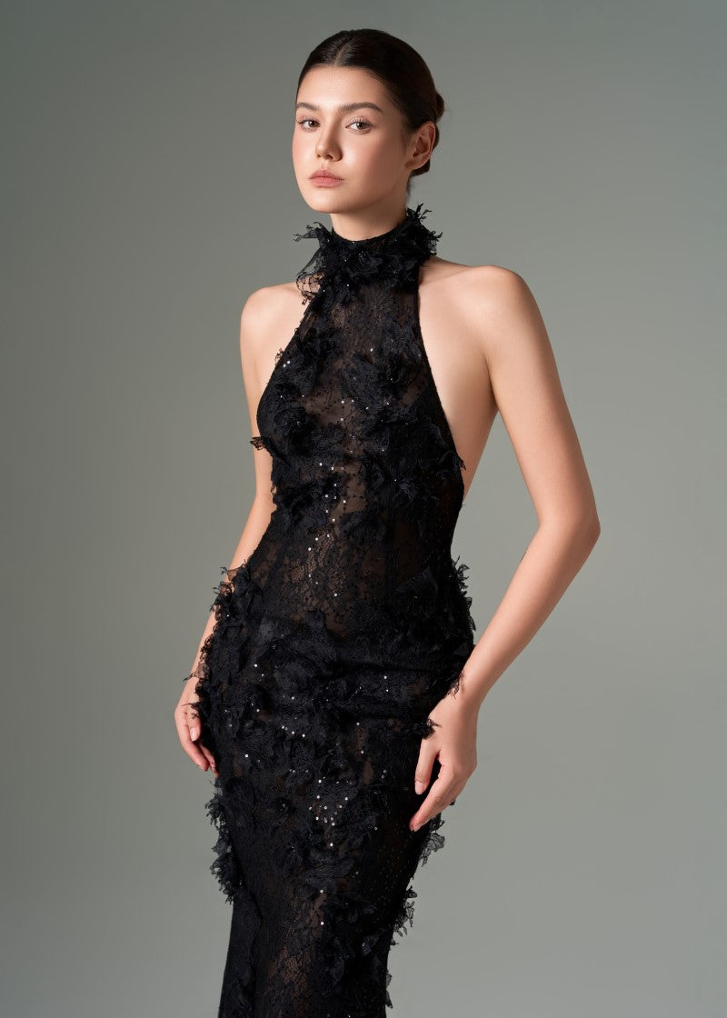 AYLIN FLORAL LACE HALTER NECK GOWN - CULT MIA