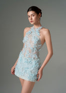 Aqua Aurelía lace mini dress by 21Six, featuring intricate lace details and a stylish fit, perfect for elegant occasions.