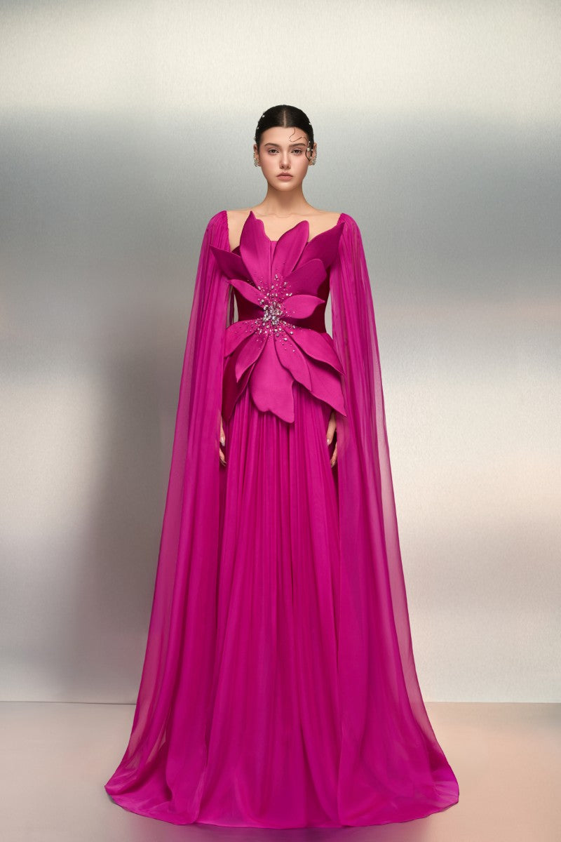 Purple Shamma silk gown by 21Six featuring elegant draping and intricate fabric texture, perfect for formal occasions.