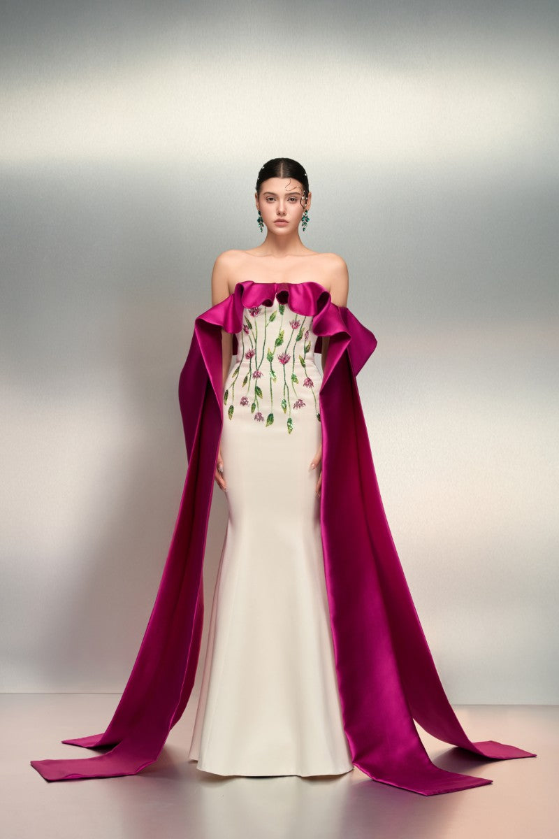 RUQAYYA SILK TAFFETA DRESS IN WHITE AND PURPLE - CULT MIA