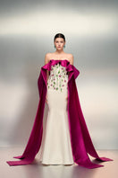 Elegant white and purple silk taffeta gown by 21Six, featuring a flowing design and intricate detailing.