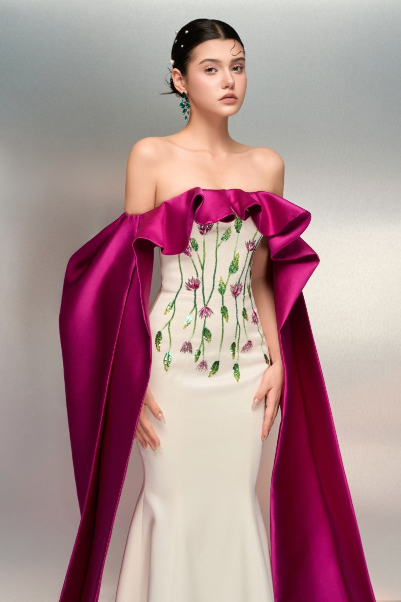 Elegant RUQAYYA silk taffeta gown in white and purple by 21Six, featuring a flowing design and intricate details.