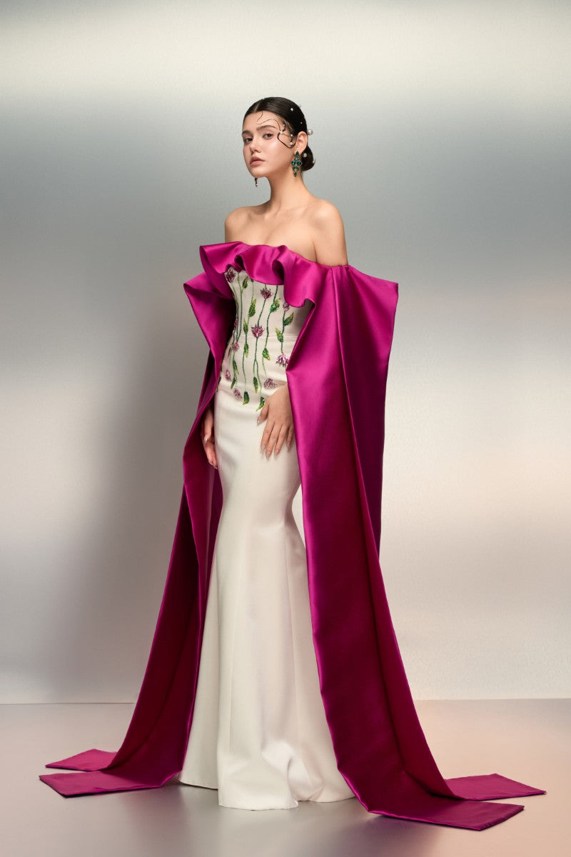 RUQAYYA SILK TAFFETA DRESS IN WHITE AND PURPLE - CULT MIA