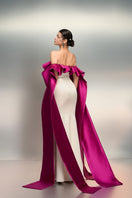 Elegant RUQAYYA silk taffeta gown in white and purple by 21Six, featuring a flowing design and intricate details.