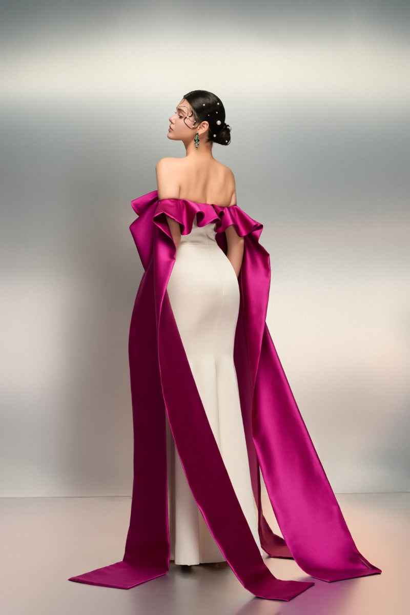 Elegant RUQAYYA silk taffeta gown in white and purple by 21Six, featuring a flowing design and intricate details.