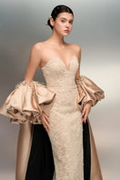 Beige Rana lace gown by 21Six featuring intricate lace details and elegant silhouette, perfect for formal occasions.