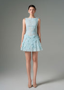 Aqua lace mini dress by 21Six featuring intricate lace details, fitted silhouette, and short sleeves.