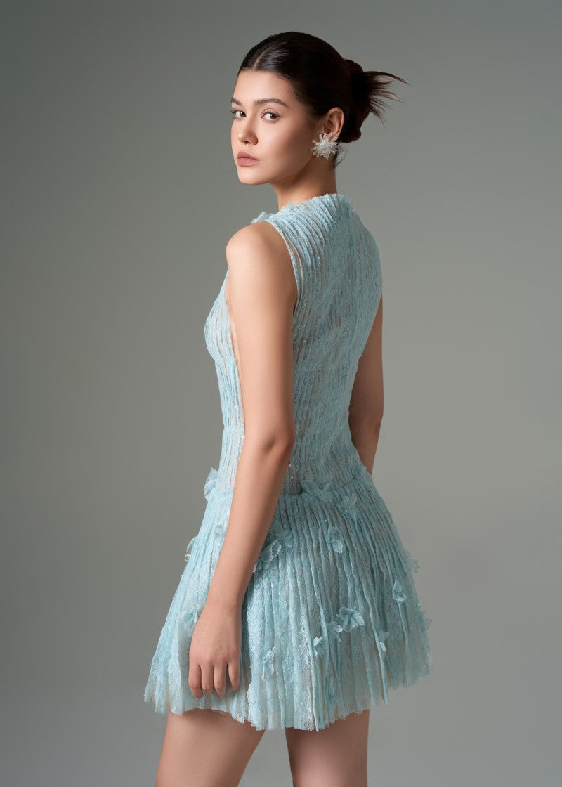 Aqua lace mini dress by 21Six, featuring intricate lace details and a stylish fit, perfect for summer or special occasions.