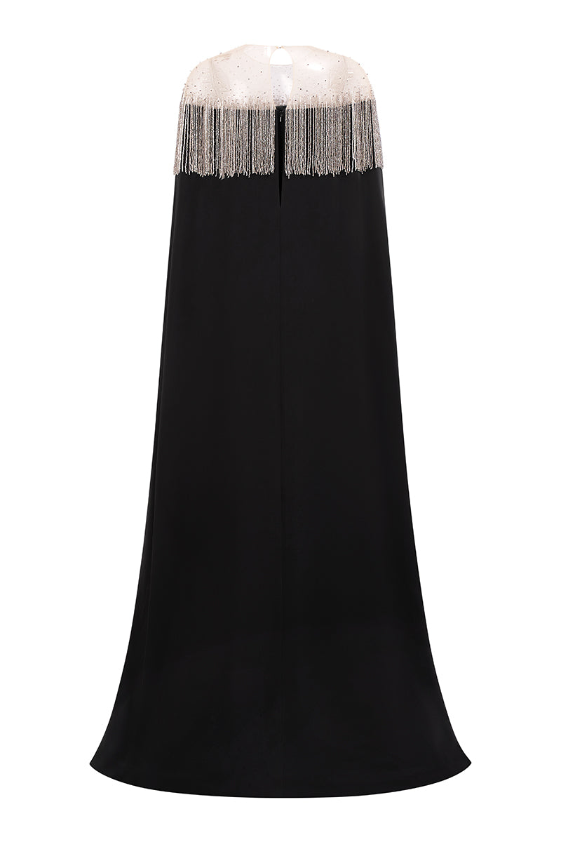 Black ZAHARA crepe gown by 21Six, featuring elegant design and flowing fabric, perfect for formal occasions.
