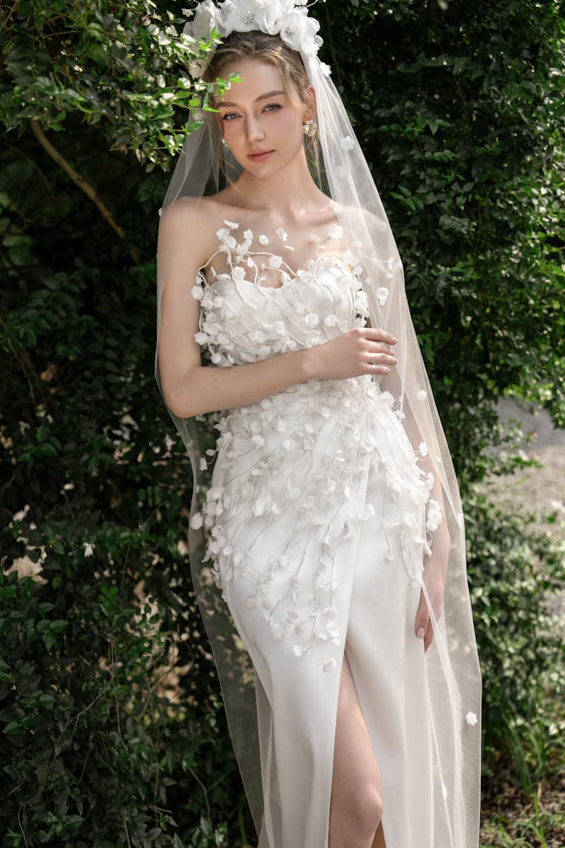 Elegant CULT MIA X 21Six Connie silk satin gown with floral design, featuring a flowing silhouette and intricate detailing.