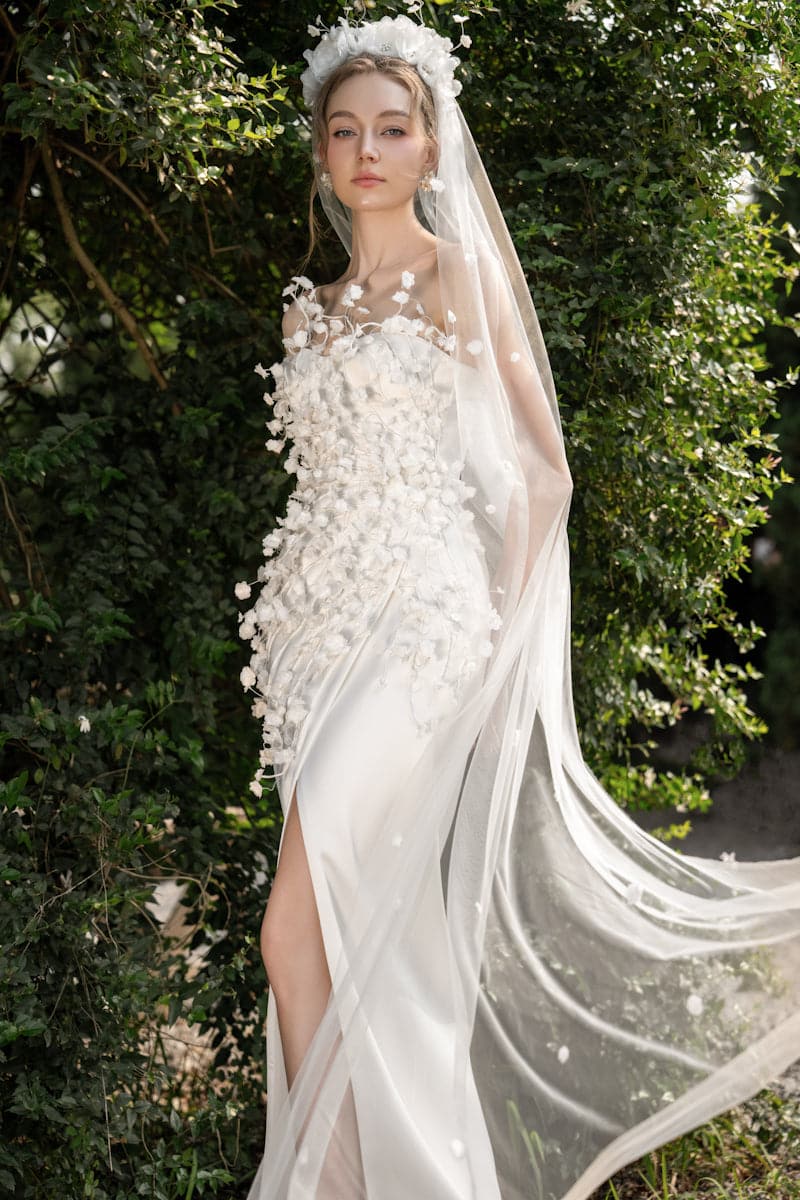 Elegant CULT MIA X 21Six Connie silk satin gown with floral design, featuring a flowing silhouette and intricate detailing.