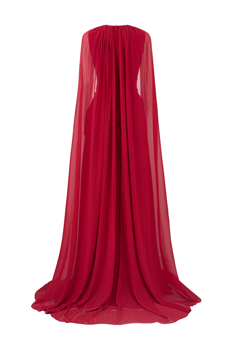 Elegant KERENZA crepe mixed chiffon pleated gown by 21Six, showcasing flowing fabric and intricate pleats.
