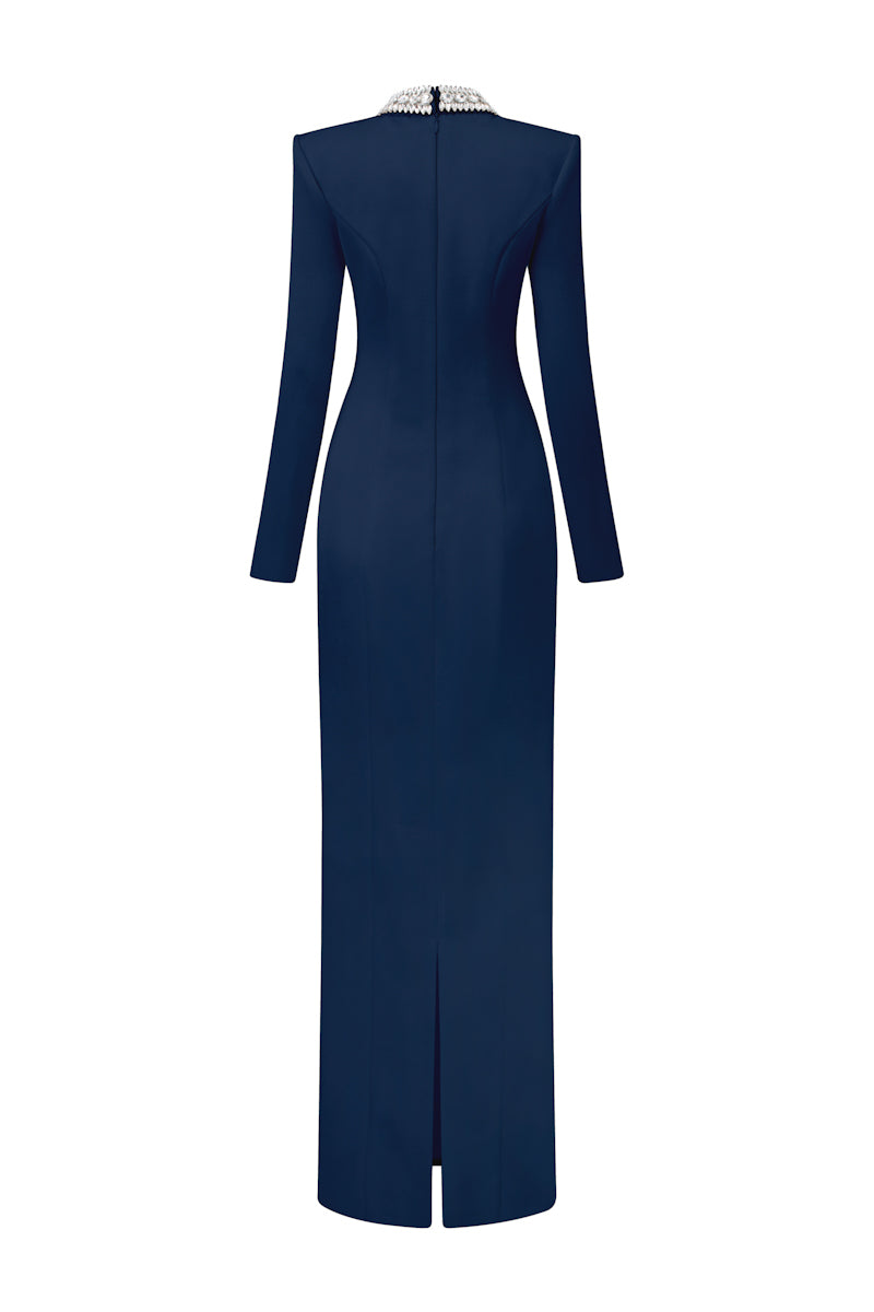 Dark blue Diana Taffeta Cut-Out Gown by 21Six featuring a sleek silhouette and elegant cut-out details.