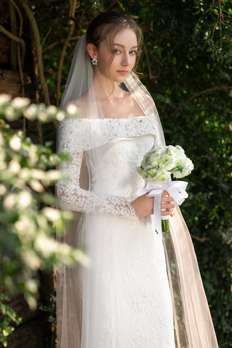 Elegant floral lace crystal gown by 21Six, the CULT MIA X 21Six Anastasia, featuring intricate lace and sparkling crystal details.