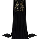 Black crepe and chiffon gown by 21Six, featuring elegant flowy fabric and a sophisticated design.