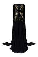 Black crepe and chiffon gown by 21Six, featuring elegant flowy fabric and a sophisticated design.