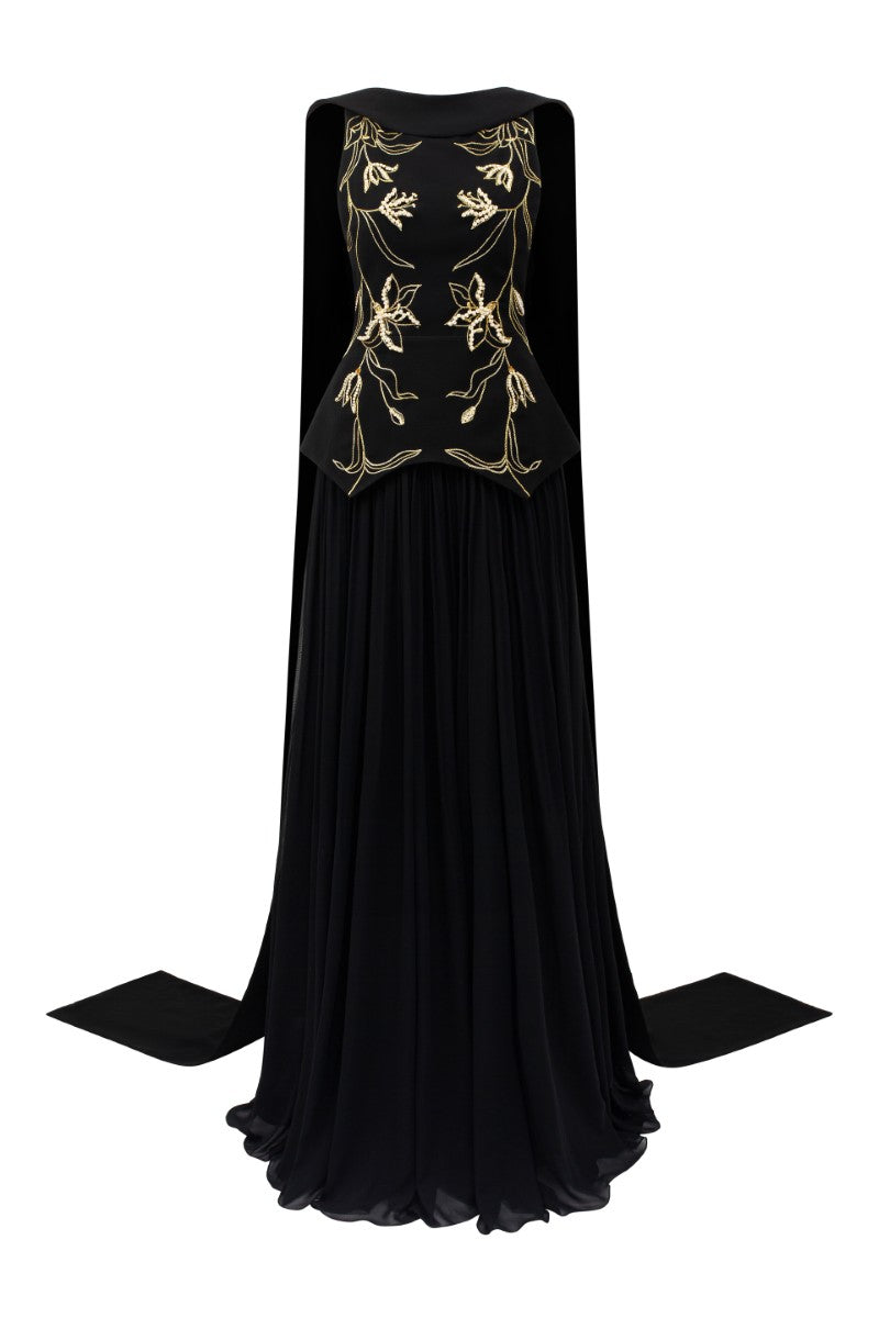 Black crepe and chiffon gown by 21Six, featuring elegant flowy fabric and a sophisticated design.