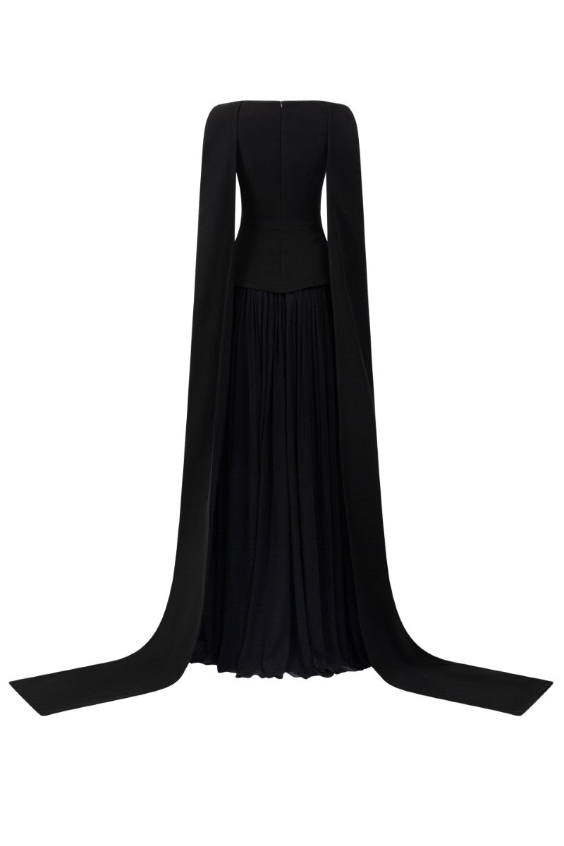 Elegant black crepe and chiffon gown by 21Six, featuring a flowing silhouette and stylish design perfect for formal occasions.