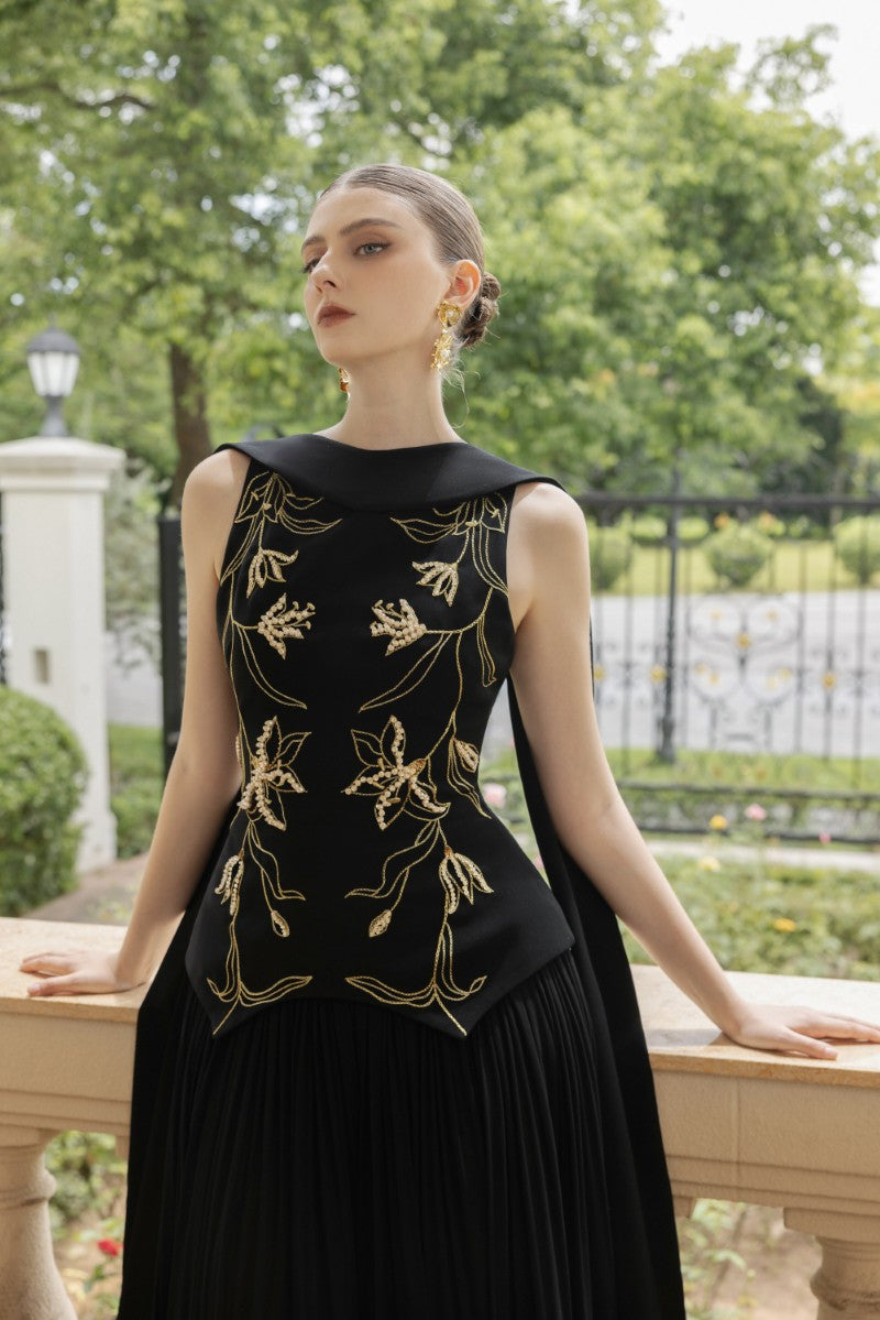 ARIANE CREPE AND CHIFFON GOWN IN BLACK - CULT MIA