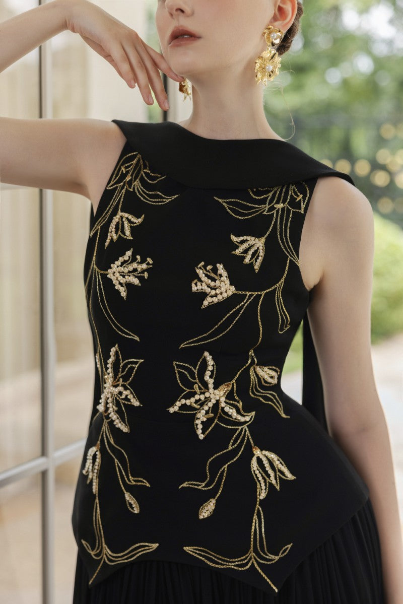 ARIANE CREPE AND CHIFFON GOWN IN BLACK - CULT MIA