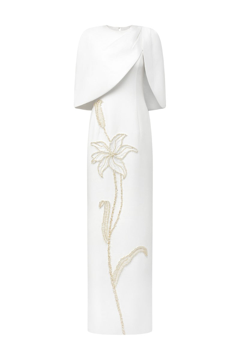 ROSALIE CREPE GOWN WITH LOUISE CAPE IN WHITE - CULT MIA