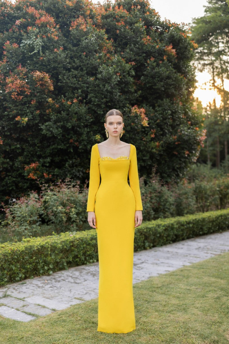 crepe fabric dress designs MNM Couture N0606 Crepe High V-neck Puffed Sleeves Dress