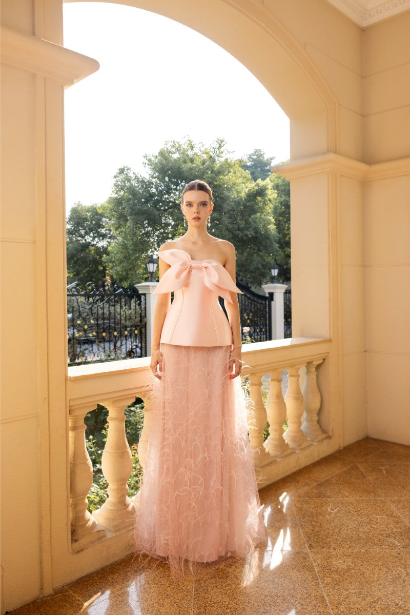 Elegant Colette taffeta and tulle gown by 21Six featuring a flowing silhouette and intricate fabric details.