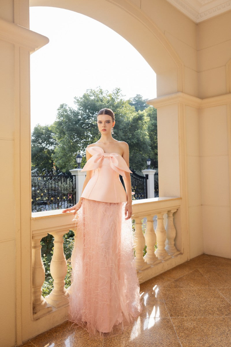 Elegant Colette taffeta and tulle gown by 21Six, featuring a flowing silhouette with intricate fabric details.