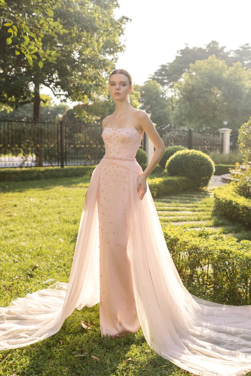 silk tulle dress Santorini Cut Out in White ruched to perfection with draped and drop waist details VALRIE SILK AND TULLE GOWN