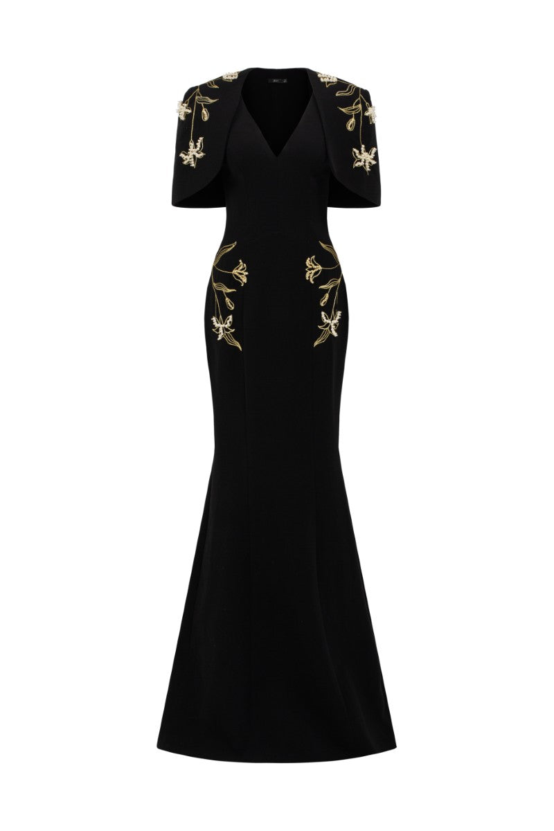 ISABELLE CREPE GOWN WITH EMMANUELLE CAPE IN BLACK - CULT MIA