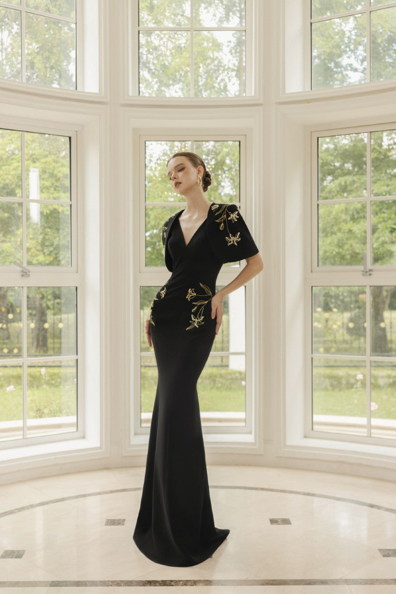 ISABELLE CREPE GOWN WITH EMMANUELLE CAPE IN BLACK | CULT MIA ISABELLE CREPE GOWN WITH EMMANUELLE CAPE IN BLACK | CULT MIA