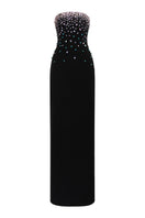 Black Maha crepe gown by 21Six featuring elegant design, fitted silhouette, and flowing fabric suitable for formal occasions.