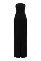 Black Maha crepe gown by 21Six featuring elegant, flowing fabric and a stylish design suitable for formal occasions.