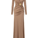 Brown NOMIE gown by 21Six featuring a gold-plated Solistra brooch, elegant and flowing fabric for formal occasions.