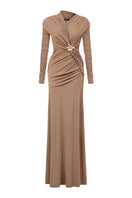 Brown NOMIE gown by 21Six featuring a gold-plated Solistra brooch, elegant and flowing fabric for formal occasions.