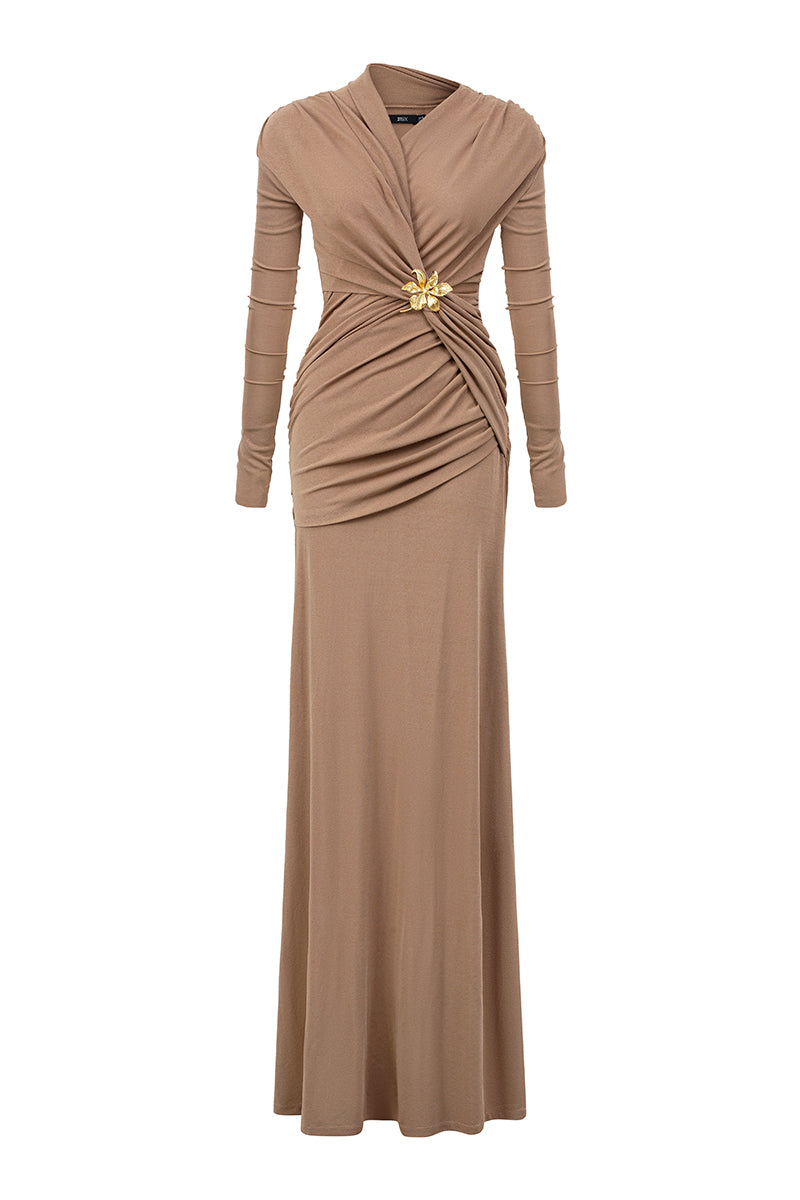 Brown NOMIE gown by 21Six featuring a gold-plated Solistra brooch, elegant and flowing fabric for formal occasions.