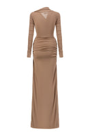 Brown NOMIE gown by 21Six featuring a Solistra gold-plated brooch, elegant and stylish for formal occasions.