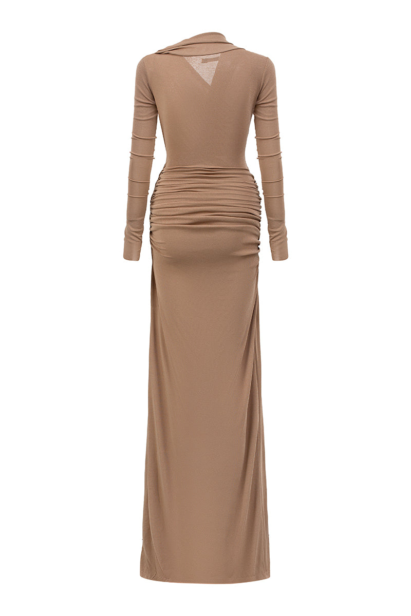 Brown NOMIE gown by 21Six featuring a Solistra gold-plated brooch, elegant and stylish for formal occasions.
