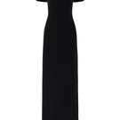 Black Serra crepe gown by 21Six, featuring elegant drape and fitted design, perfect for formal occasions.