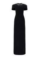 Black Serra crepe gown by 21Six, featuring elegant drape and fitted design, perfect for formal occasions.