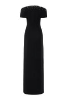 Black Serra Crepe Dress by 21Six, elegant gown with flowing fabric and tailored design, shown in a stylish evening wear silhouette.