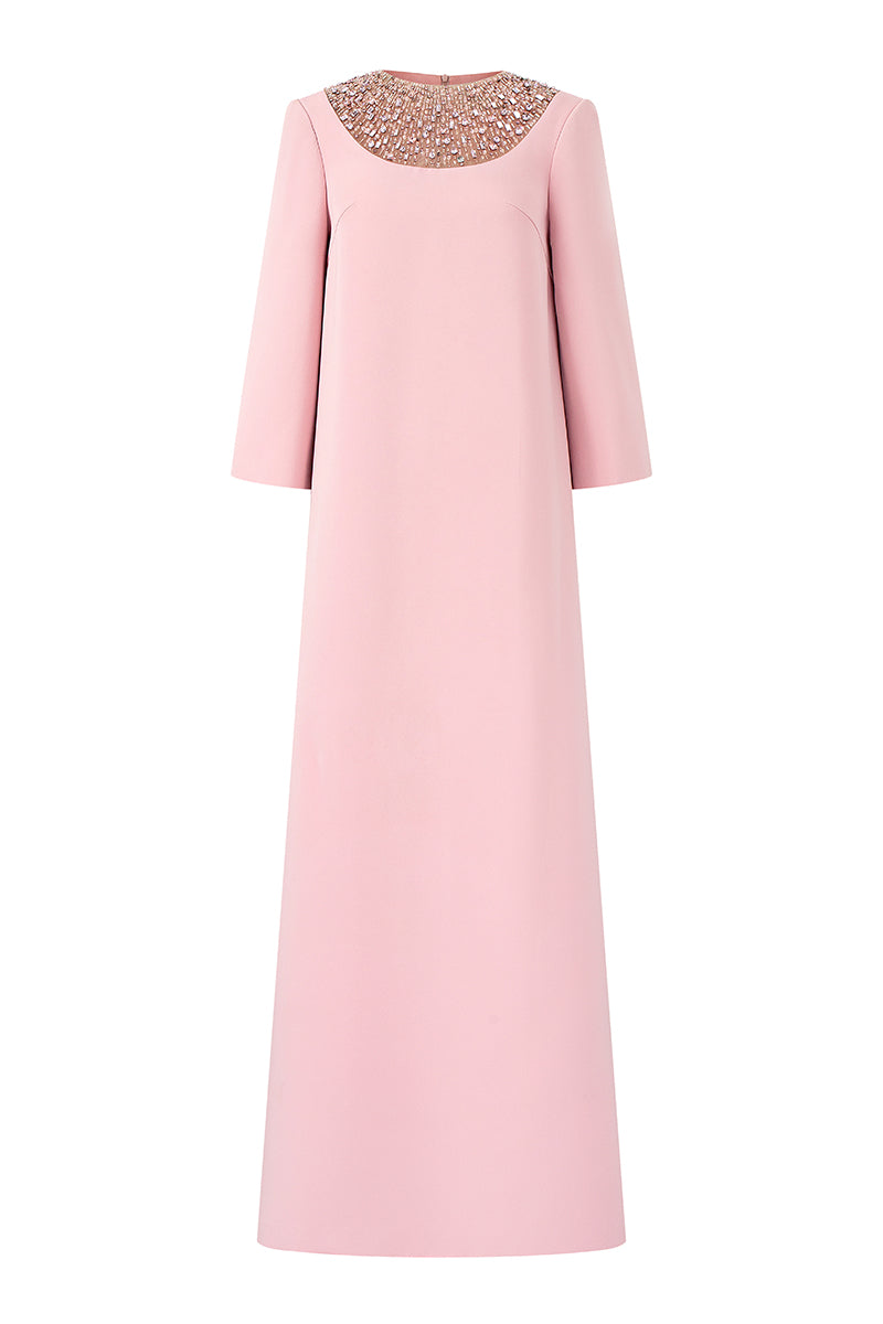 Light rose EIRA crepe gown by 21Six, flowing design with elegant drape, perfect for formal occasions.