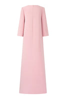 Light rose crepe gown by 21Six, featuring elegant drape and flowing fabric, perfect for stylish formal occasions.