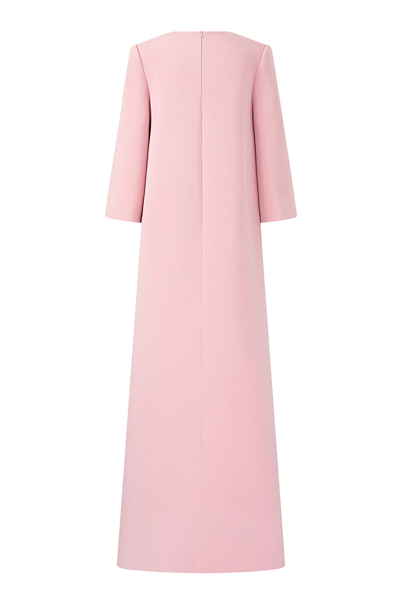 Light rose crepe gown by 21Six, featuring elegant drape and flowing fabric, perfect for stylish formal occasions.