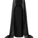 Elegant black SIROCCO royal taffeta and silk gown by 21Six, showcasing a flowing design with intricate fabric details.