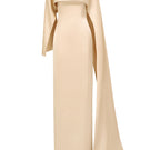 Beige CULT MIA X 21Six Nala silk satin gown, elegant long dress with a smooth, shiny satin finish and flowing silhouette.