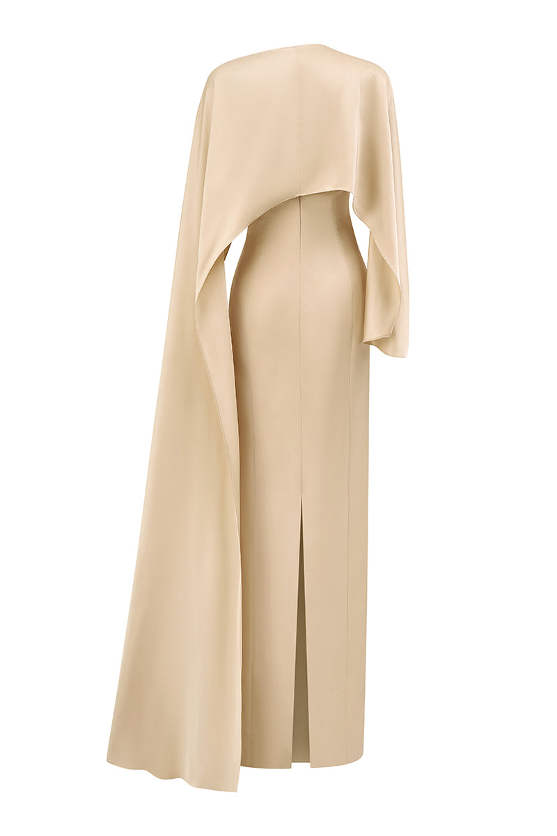 Beige CULT MIA X 21Six Nala silk satin gown featuring a sleek, elegant design with smooth fabric and a flowing silhouette.