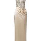 Beige silk satin and tulle gown by 21Six, featuring elegant flowing fabric and intricate design details.