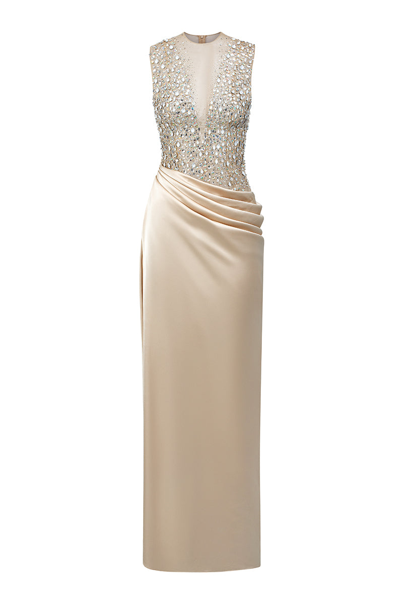Beige silk satin and tulle gown by 21Six, featuring elegant flowing fabric and intricate design details.