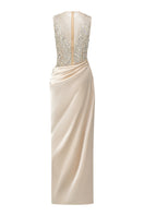 Beige silk satin and tulle gown by 21Six, featuring elegant draping and intricate detailing, perfect for formal occasions.